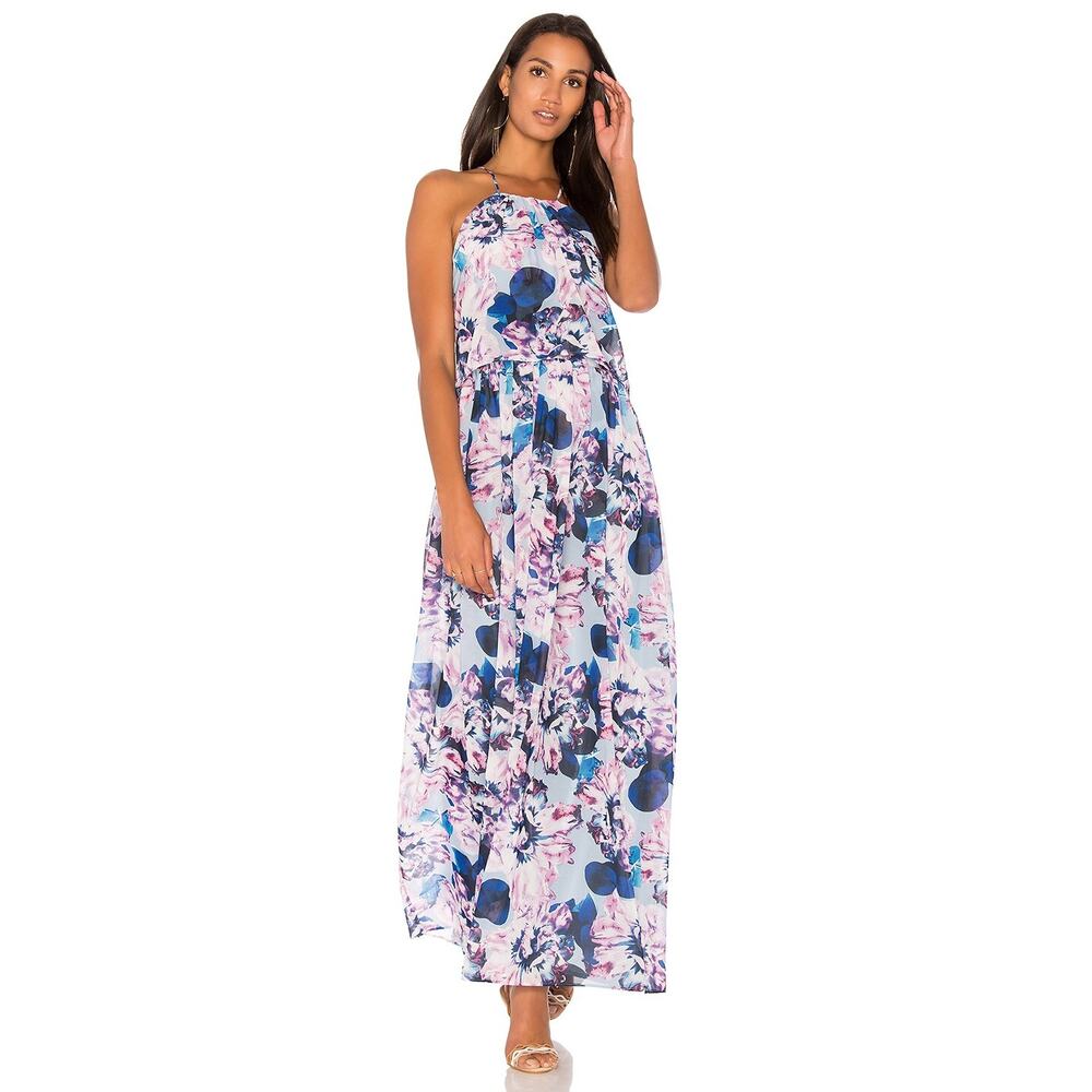 BB DAKOTA RSVP Floral Lourdes Maxi Dress Size M Blue Boho Romantic Halter Event